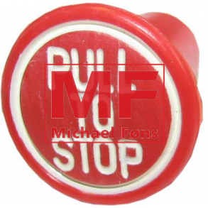 Stop-knob til stopstang, rd med hvid skrift.