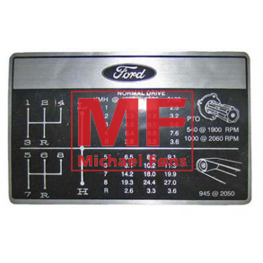Gearskifte-label med fremdriftshastigheder i mph. Ford5000 og andre med 2-speed PTO