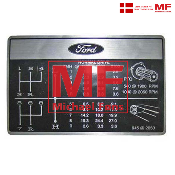 Gearskifte-label med fremdriftshastigheder i mph. Ford5000 og andre med 2-speed PTO