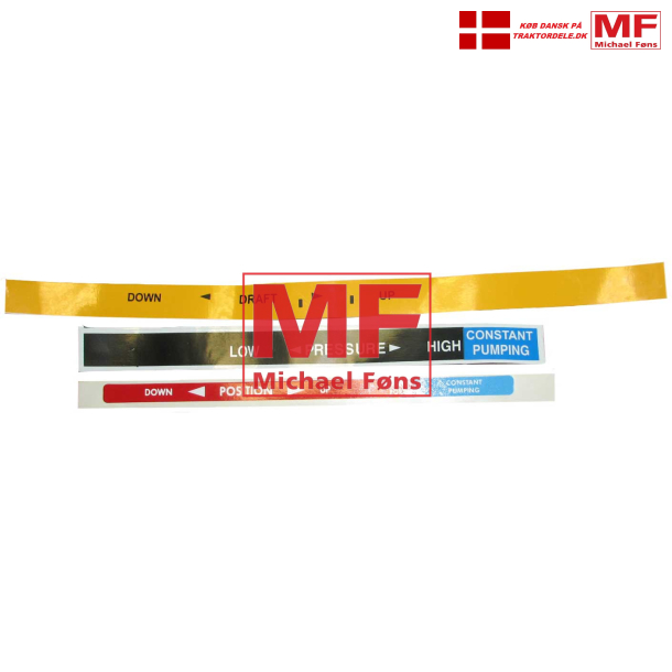 Label-st med engelsk tekst. Til liftkvadranter p MF100-linie med Position/Pressure/draftcontrol