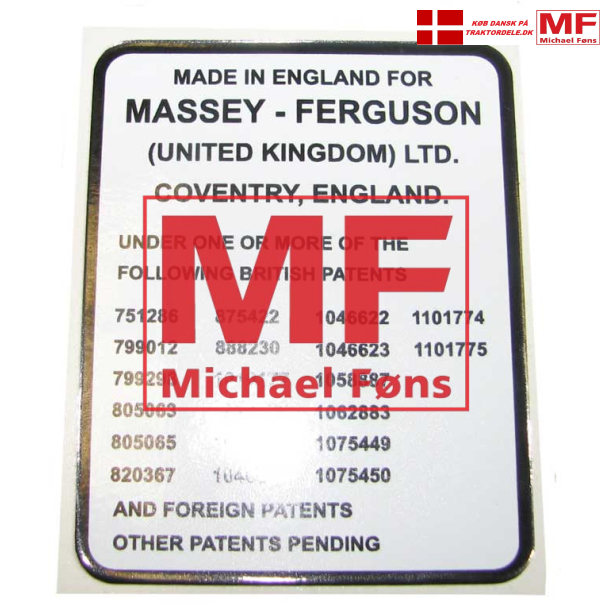 Patent-nr-label, Massey-Ferguson 100-linie