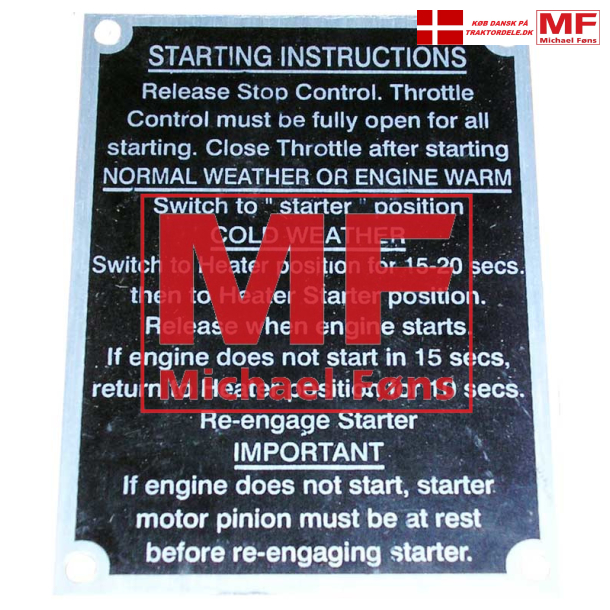 Startanvisningsplade med 4 popnitter, MF135-165-175-178-185-188