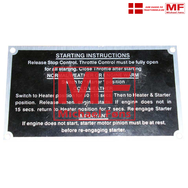 Startanvisningsplade med engelsk tekst. MF35X