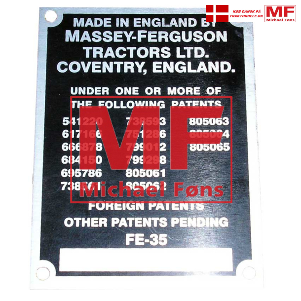 Typeplade med pop-nitter, 15 patentnumre. MF35 rg. 1959 til 1962