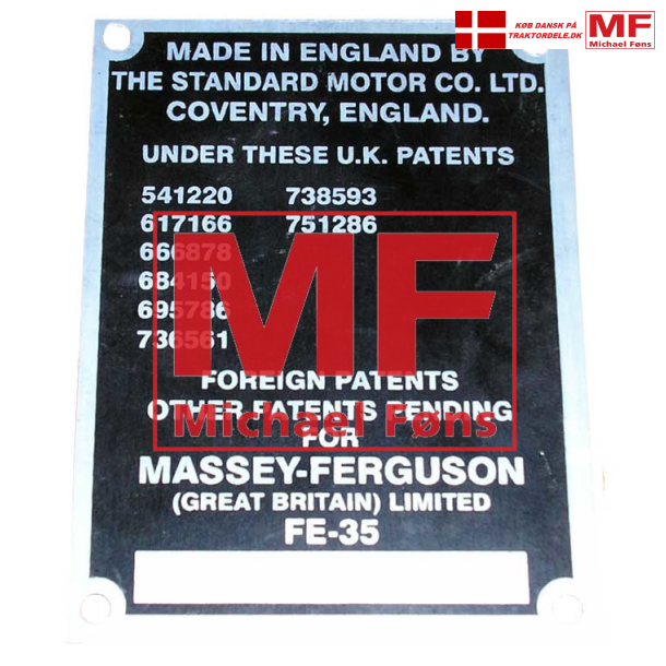 Typeplade med pop-nitter, 15 patentnumre. MF35 rg. 1958. "Made by Standard Motors"