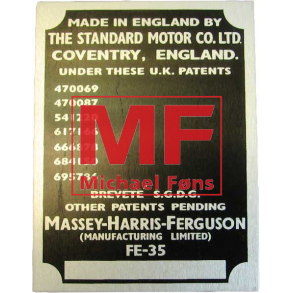 Typeplade med pop-nitter, 7 patentnumre. Til Ferguson35 Guldfugl 1956-1957