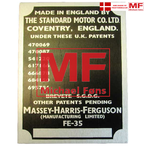 Typeplade med pop-nitter, 7 patentnumre. Til Ferguson35 Guldfugl 1956-1957