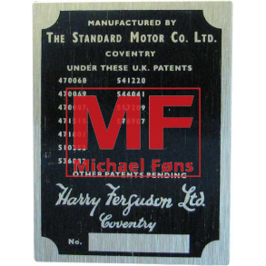 Typeplade, messing. Ferguson 1946-1947. Med drivnitter