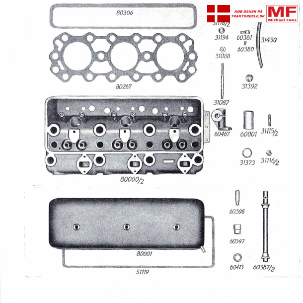 Split-tegning, Bukh 3-cyl topstykke+pakninger