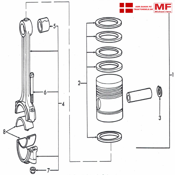 Plejlstang+stempel. Perkins A3 og A4 diesel-motorer