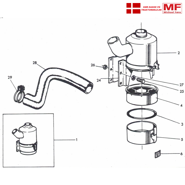 MF165 og MF175 oliebads-luftfilter+slange+enkeltdele