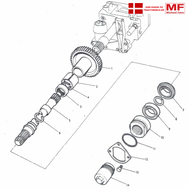 PTO-aksel+klokobling+pakdåse+leje - TRANSMISSION - MF-traktordele, V./Michael Føns