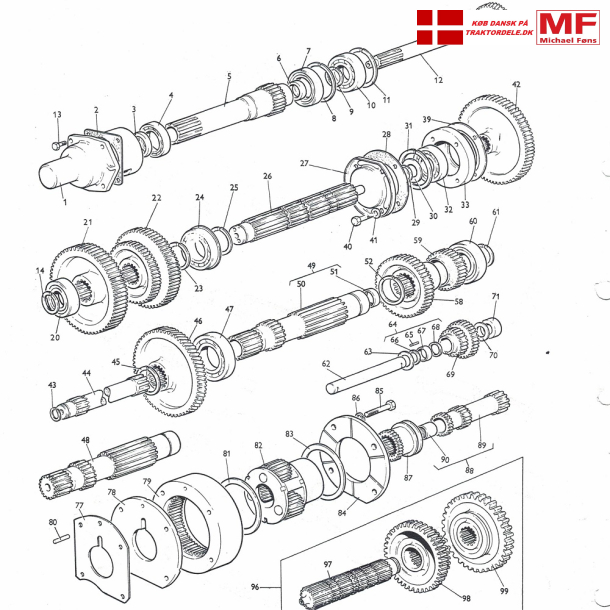 Standard 6-trins gearkasse i MF. Aksler+gearhjul+lejer+tilbehr
