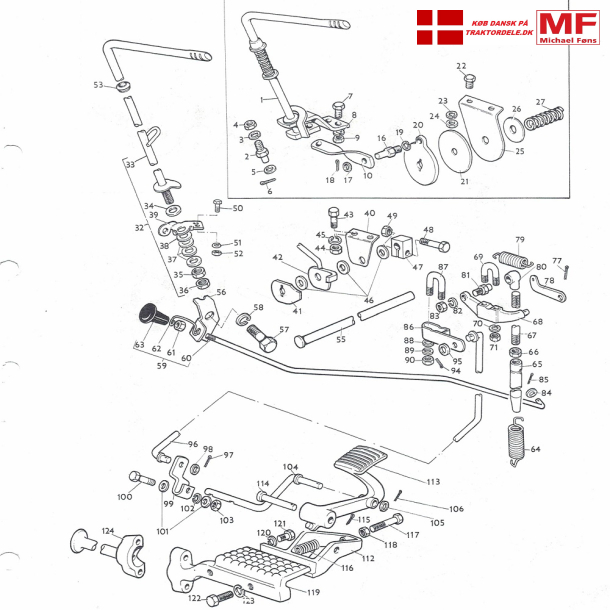 Split-tegning MF135Benzin, gasregulering+speeder+enkeltdele