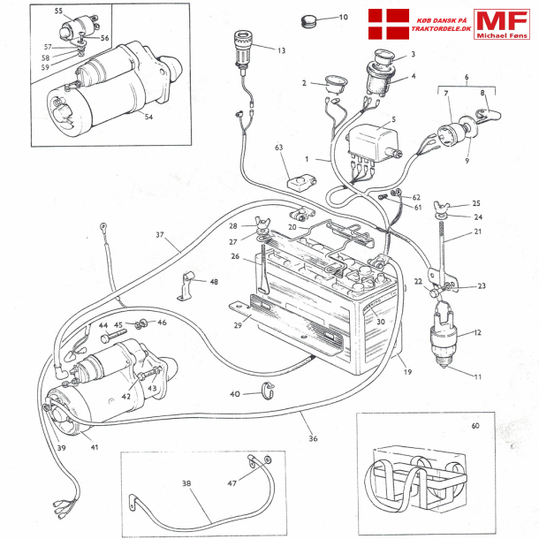 Split-tegning MF135, elektrisk udrustning+batterikabler+beslag