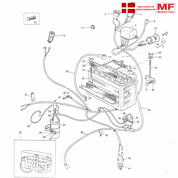 MF135Benzin, elektrisk udrustning+batterikabler+beslag