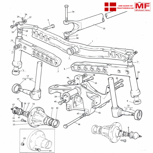 MF35 og MF135 med buet forbro: Spindler+lejer+nav+konsol etc.