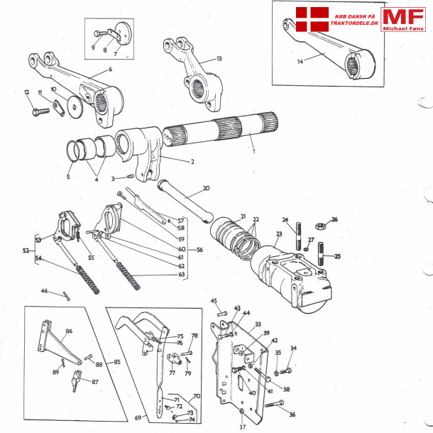 MF135-MF165-MF175-MF178; lftearmsaksel+arme+liftcylinder+dybdeautomatik+tilbehr