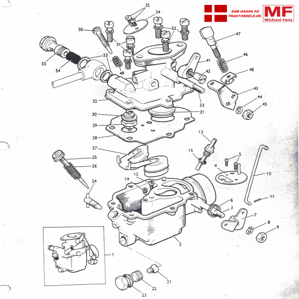 Zenith 28G-karburator p MF35 samt Fordson Dexta. Enkeltdele+tilbehr 