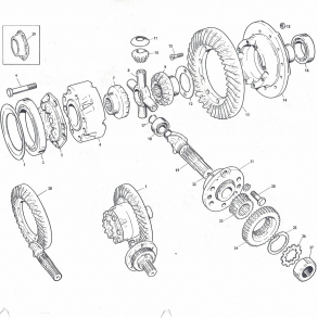 MF65-MF165-MF175-MF185 etc; bagtj, differentiale, kron-spidshjul samt differentiale-sprre