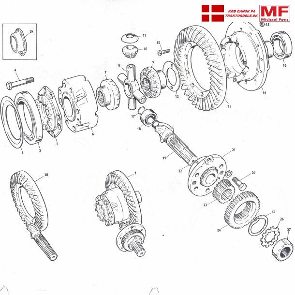 MF65-MF165-MF175-MF185 etc; bagtj, differentiale, kron-spidshjul samt differentiale-sprre