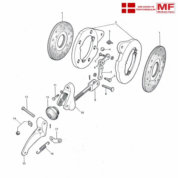 MF65; bremsesystem, bremseskiver, expander og enkeltdele
