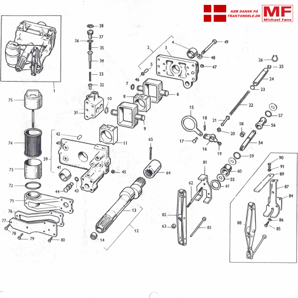 MF35 og MF65; liftpumpe, repst, kontrolventil og enkeltdele