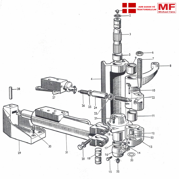 MF65; servostyrings-system, pedestal, aksler, bsninger, cylinder, ventil etc