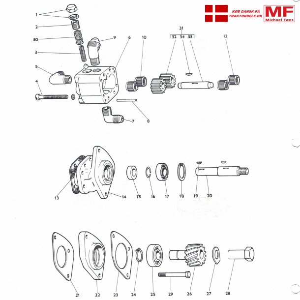 MF65; servopumpe, pakdse, leje samt enkeltdele