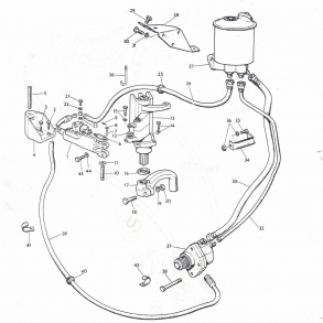 MF65; servostyring. slanger, beholder, arm, beslag og enkeltdele