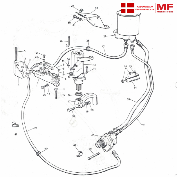 MF65; servostyring. slanger, beholder, arm, beslag og enkeltdele