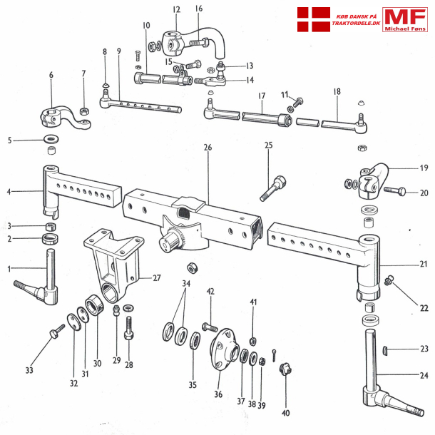 MF65 Heavy-Duty-forbro. Styrekugler, spindler, nav, forbro og enkeltdele.