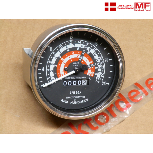 Traktormeter, kopi af det originale til MF35 fra 1958/59. Skala med km/t, og pto v. 1500rpm