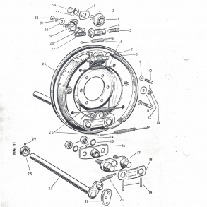 Ferguson bremse-system, gl. model: Ankerplade+justeringsskruer+bremsesko+enkeltdele