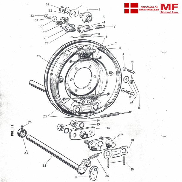 Ferguson bremse-system, gl. model: Ankerplade+justeringsskruer+bremsesko+enkeltdele