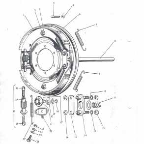 Ferguson bremsesystem, ny model: Ankerplade+justeringsskruer+bremsesko+enkeltdele