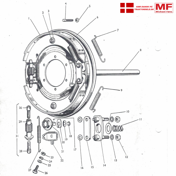 Ferguson bremsesystem, ny model: Ankerplade+justeringsskruer+bremsesko+enkeltdele